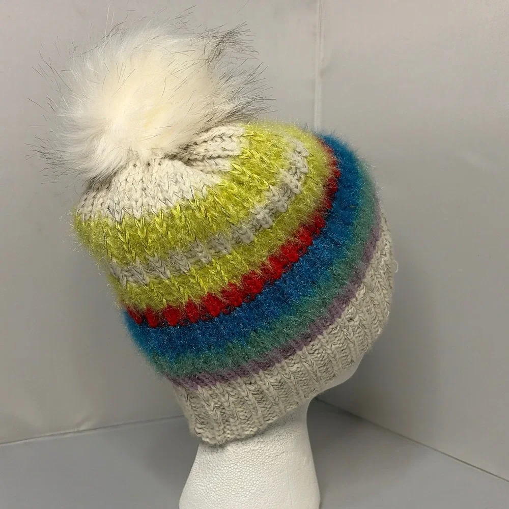 Rainbow Striped Knit Beanie Hat with Faux Fur Pom Pom and Metallic Tinsel Accent